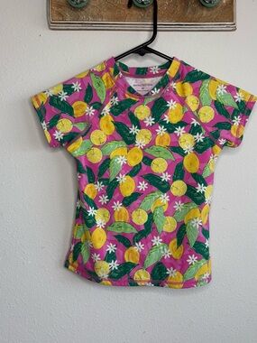 Garnet Hill Kids Pink Lemon Print Short Sleeve Rash Guard